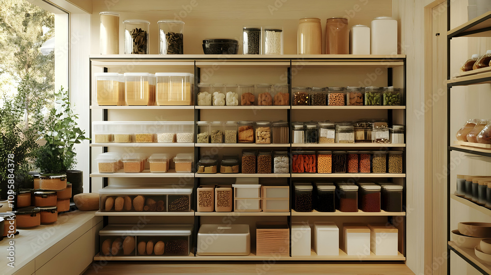 Organized Pantry with Glass Storage Containers - 3D Illustration Organized Pantry with Glass Storage Containers - 3D Illustration
