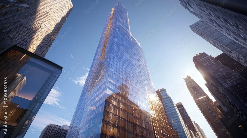 Naklejka premium Tall Skyscrapers Against Blue Sky at Close Perspective