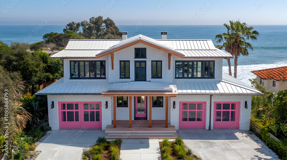 White Beach House with Pink Garage Doors - Photo White Beach House with Pink Garage Doors - Photo