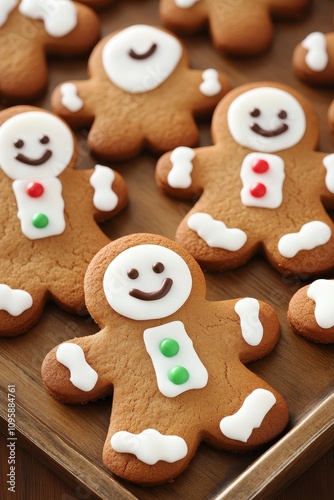 Close-up of gingerbread men cookies on a wooden tray.