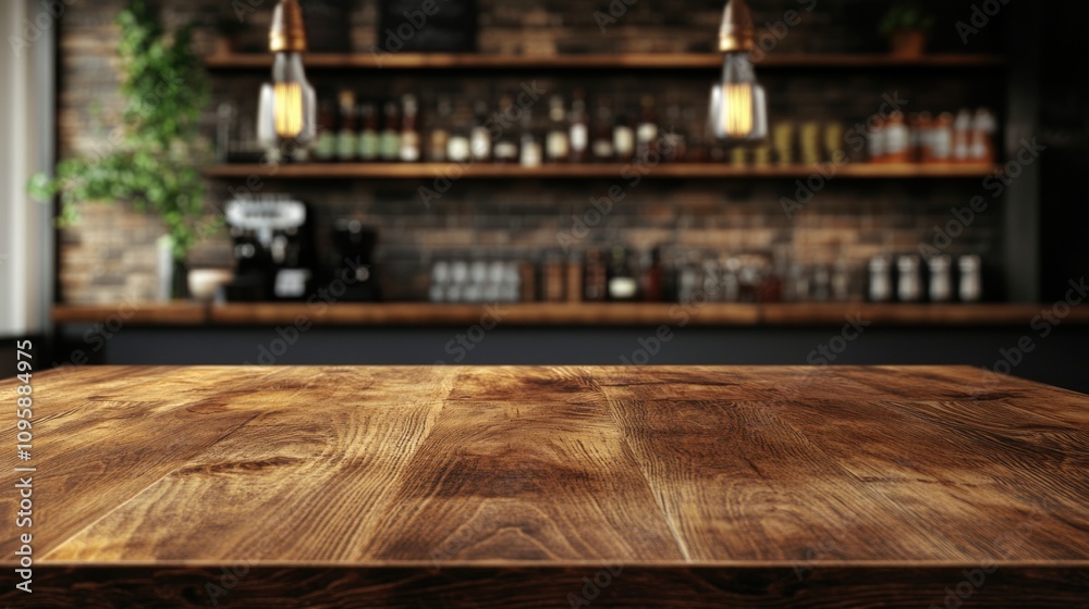 Empty beautiful wood tabletop counter on interior in clean and cafe with bokeh bright background. Ready for display, product montage.