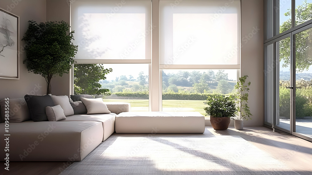 Modern Living Room Interior Design with White Couch and Large Windows Modern Living Room Interior Design with White Couch and Large Windows