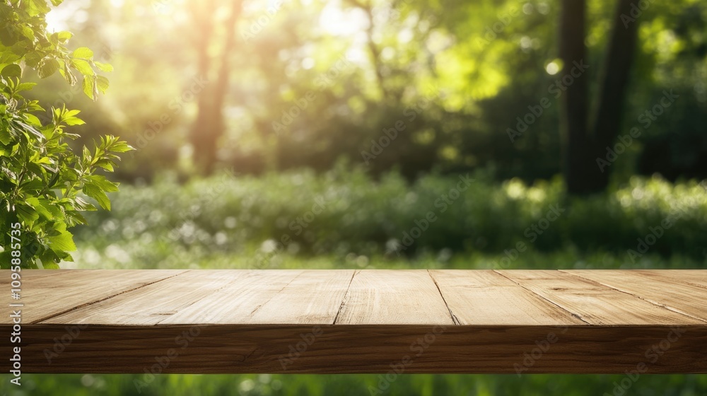 Wooden table on green summer park background and a blur effect in the background. Wooden table on green summer park background and a blur effect in the background.