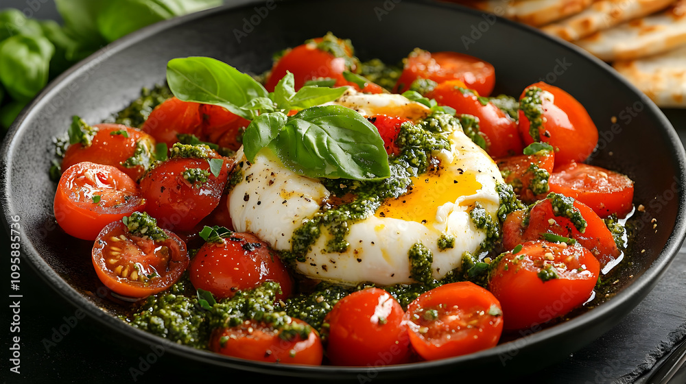 Poached Egg with Cherry Tomatoes and Pesto - Food Photography Poached Egg with Cherry Tomatoes and Pesto - Food Photography