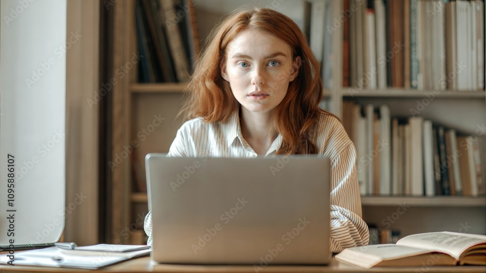 A redheaded female tutor is teaching an online lesson using a laptop at a desk in front of bookshelf , front view
A redheaded female tutor is teaching an online lesson using a laptop at a desk in front of bookshelf , front view