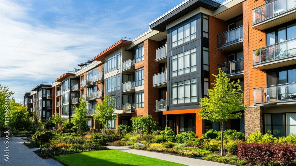 Modern Apartment Complex with Large Windows and Greenery Modern Apartment Complex with Large Windows and Greenery