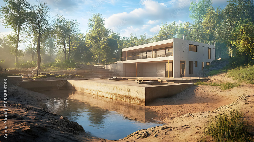 Modern Concrete House with Pool in a Forest Illustration Modern Concrete House with Pool in a Forest Illustration
