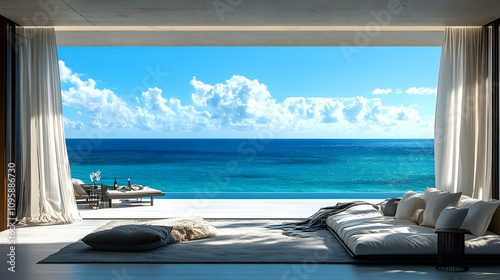 Ocean View Living Room with Patio and Infinity Pool - 3D Illustration