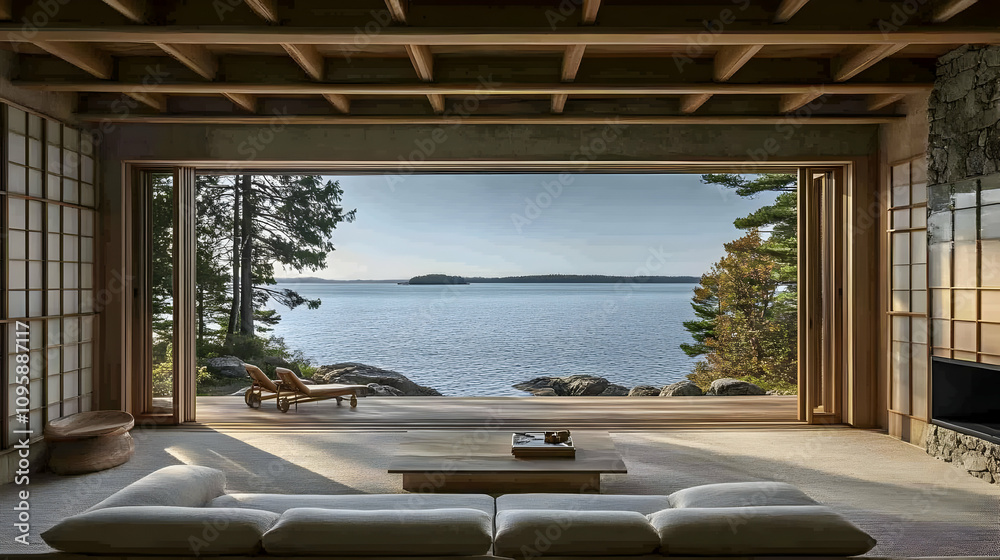 Fototapeta premium Sea View Living Room with Wooden Beams & Large Windows - Photo
