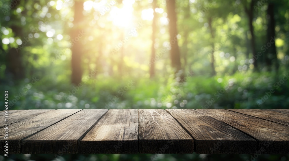 Wooden table on green summer park background and a blur effect in the background. Wooden table on green summer park background and a blur effect in the background.