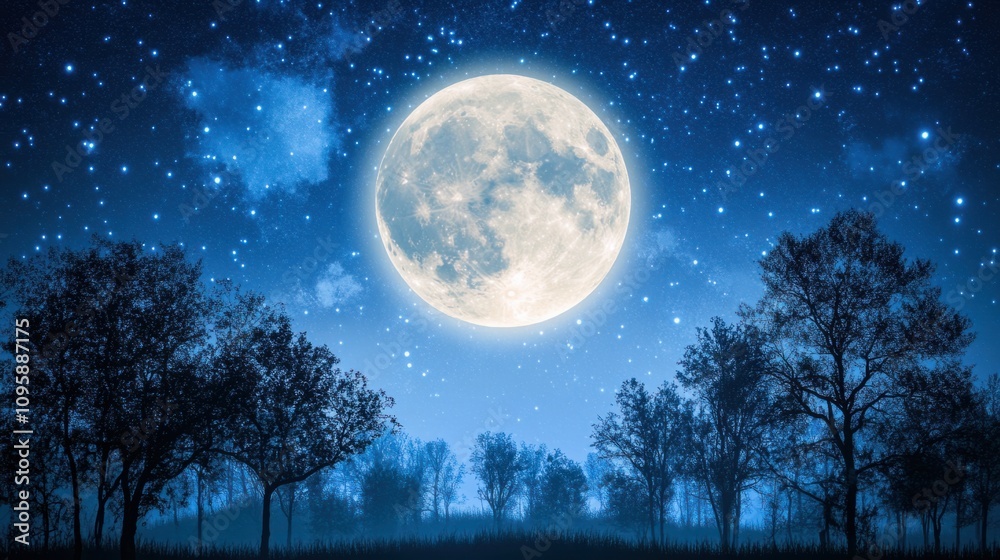 Full moon glowing brightly in a clear night sky, with scattered stars adding to the magical ambiance