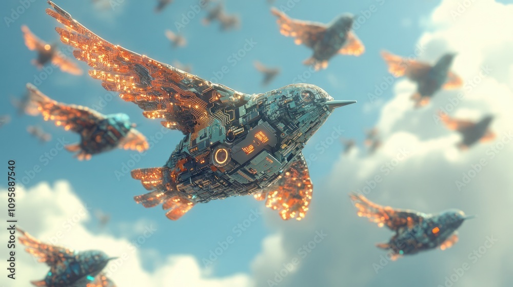 Fototapeta premium A swarm of robotic birds with glowing wings flying through a bright sky.