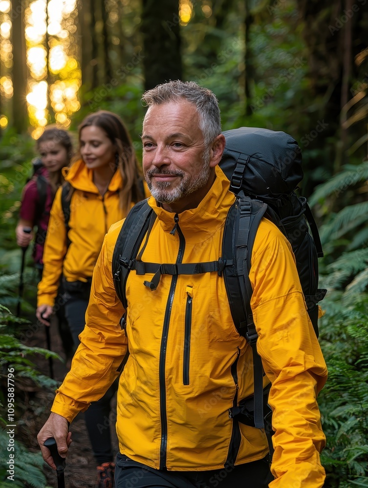Group of hikers trekking through lush forest outdoor adventure nature photography sunny environment close-up viewpoint Group of hikers trekking through lush forest outdoor adventure nature photography sunny environment close-up viewpoint