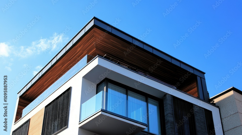 Modern Building in Low Angle Shot Against Blue Sky Modern Building in Low Angle Shot Against Blue Sky