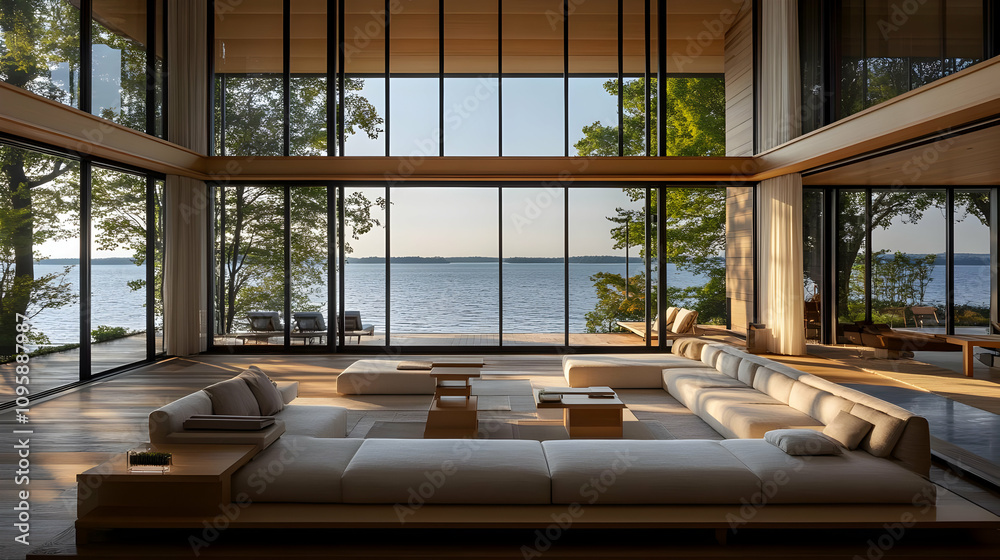 Modern Living Room with Water View - Interior Design Photography