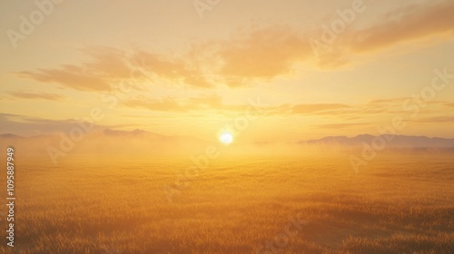 Golden sunrise sky over a misty field, with warm light breaking through the horizon