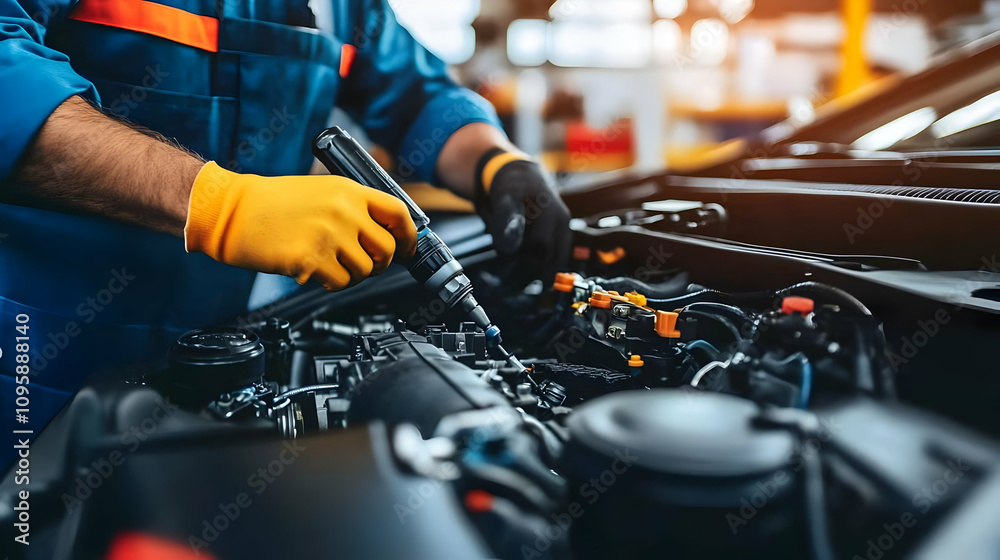 Mechanic Working On Car Engine Realistic Image Mechanic Working On Car Engine Realistic Image