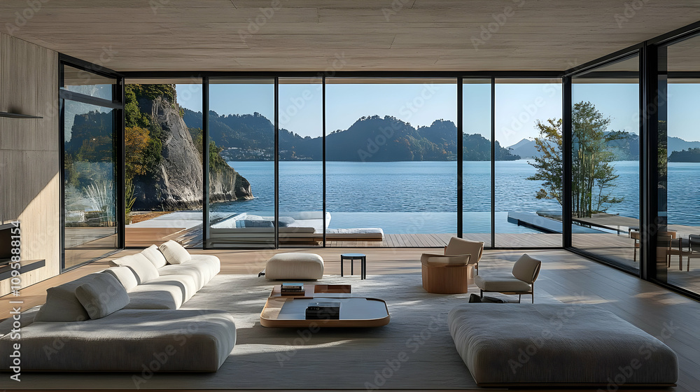 Fototapeta premium Modern Living Room with Stunning Lake View