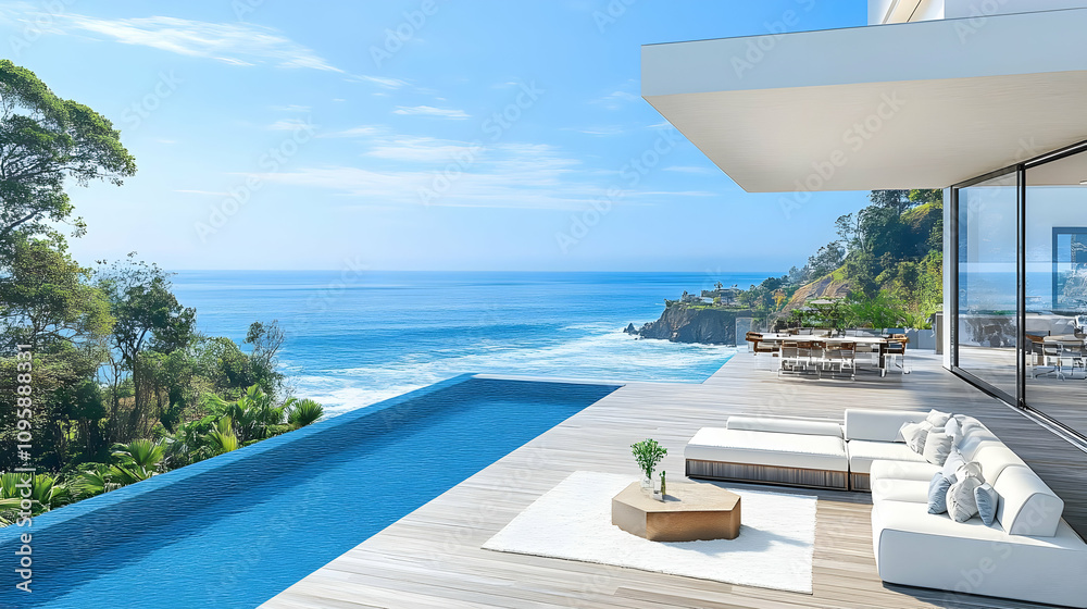 Modern Beach House Patio with Infinity Pool - Illustration Modern Beach House Patio with Infinity Pool - Illustration