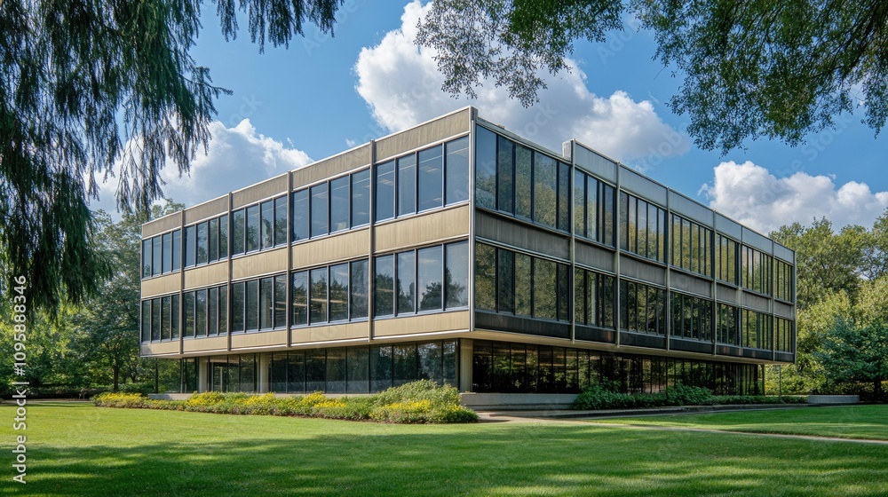 Modern Mid-Century Office Building Exterior View Modern Mid-Century Office Building Exterior View