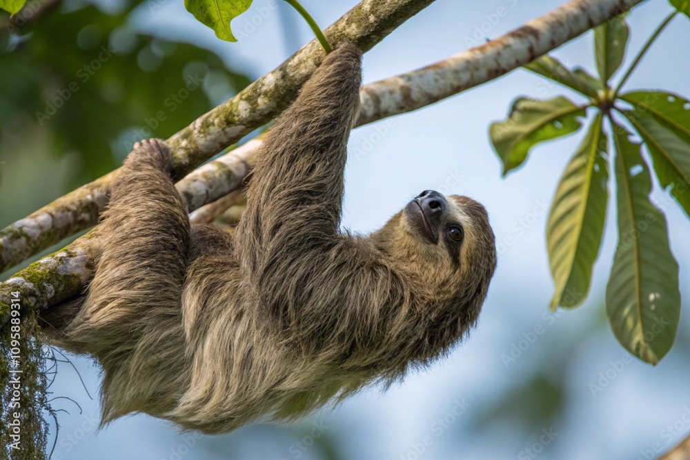 Fototapeta premium A three-toed sloth hangs upside down from a slender tree branch, its long, coarse fur draping around it.