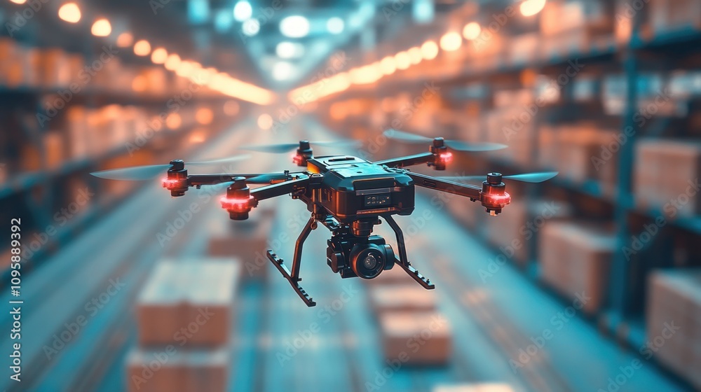 A drone navigates a warehouse filled with stacked boxes, showcasing logistics technology. A drone navigates a warehouse filled with stacked boxes, showcasing logistics technology.