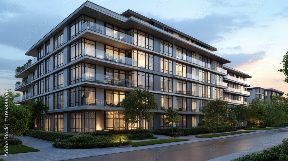 Modern Newly Constructed Apartment Building at Dusk Modern Newly Constructed Apartment Building at Dusk
