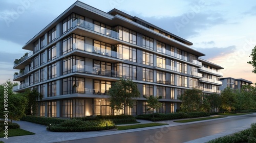 Modern Newly Constructed Apartment Building at Dusk