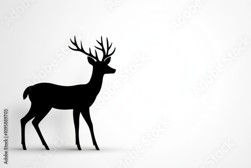 A minimalist silhouette of a deer with antlers, standing in an open field against a plain white background