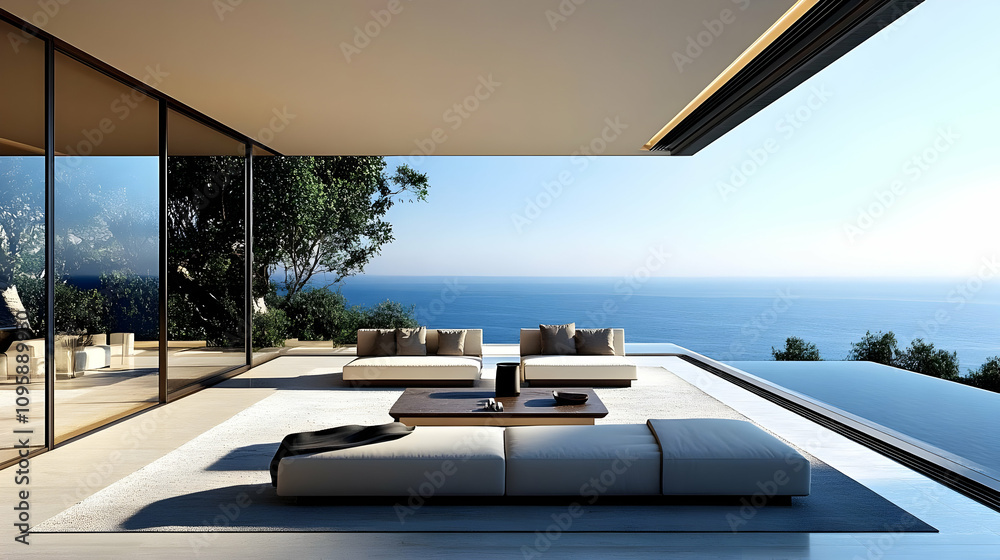 Fototapeta premium Modern Minimalist Patio Design with Ocean View - 3D Illustration