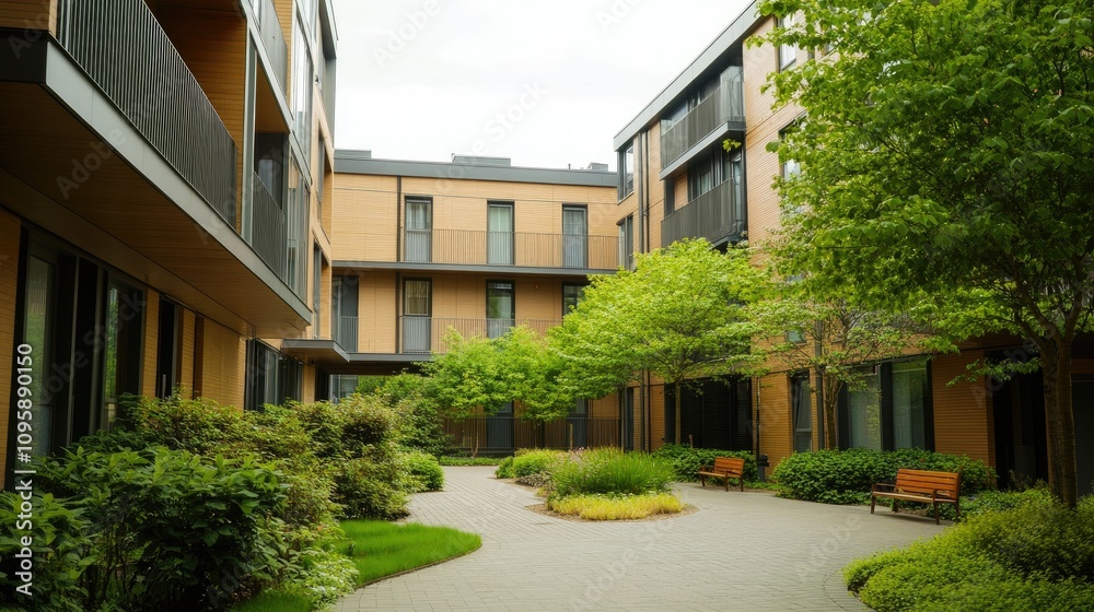 Fototapeta premium Modern Newly Built Apartment Block Courtyard