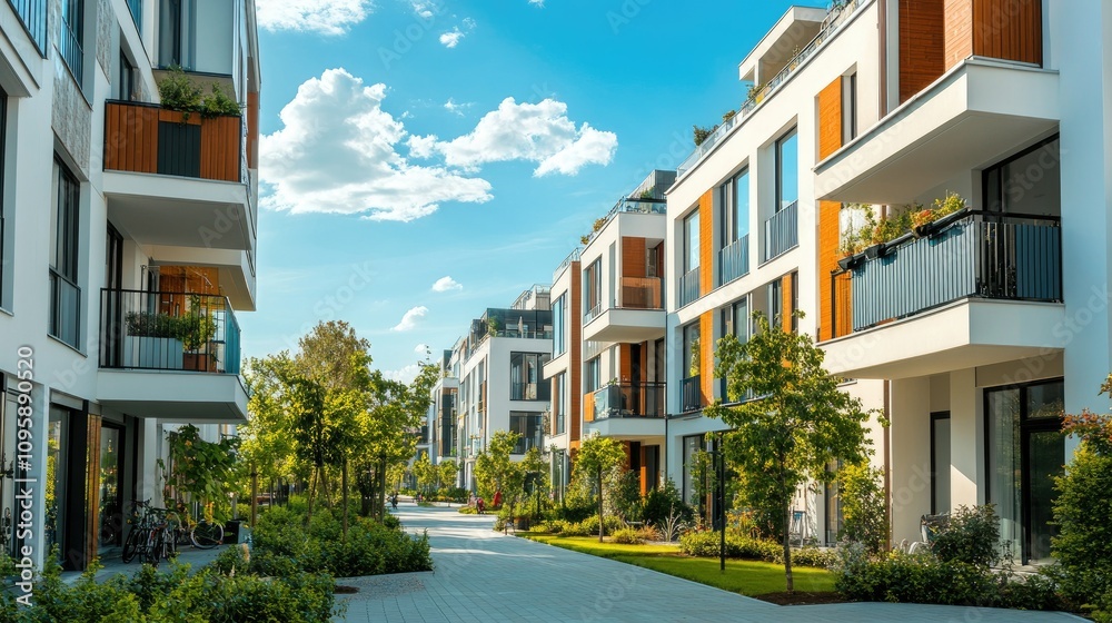 Obraz premium Modern apartment building in a bright urban setting