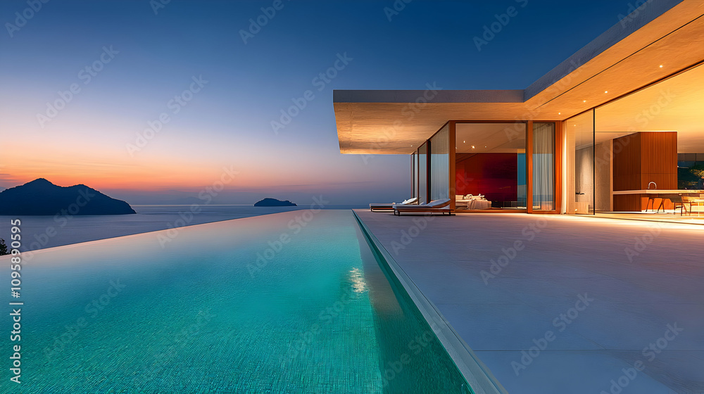 Fototapeta premium Modern Architecture with Infinity Pool and Ocean View - Realistic Image