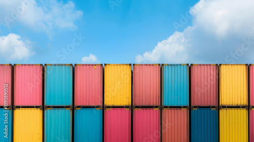 Colorful shipping containers against a bright blue sky create a vibrant industrial scene. photo