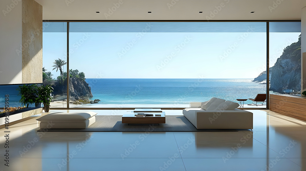 Fototapeta premium Modern Living Room with Ocean View Illustration