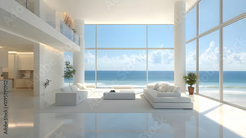 Modern Living Room with Ocean View 3D Illustration