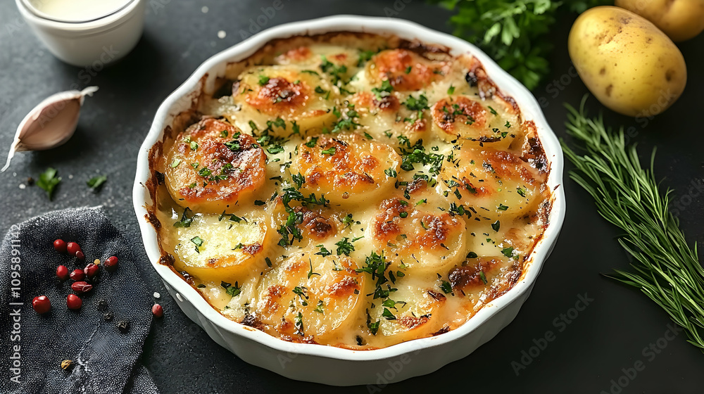 Potato Gratin with Creamy Sauce and Parsley - Food Image Potato Gratin with Creamy Sauce and Parsley - Food Image