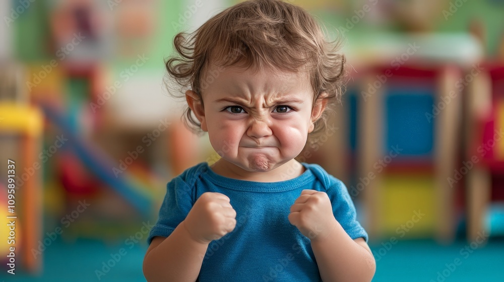 A toddler with a scrunched-up face, clearly showing frustration, fists clenched, standing in a playroom. A toddler with a scrunched-up face, clearly showing frustration, fists clenched, standing in a playroom.