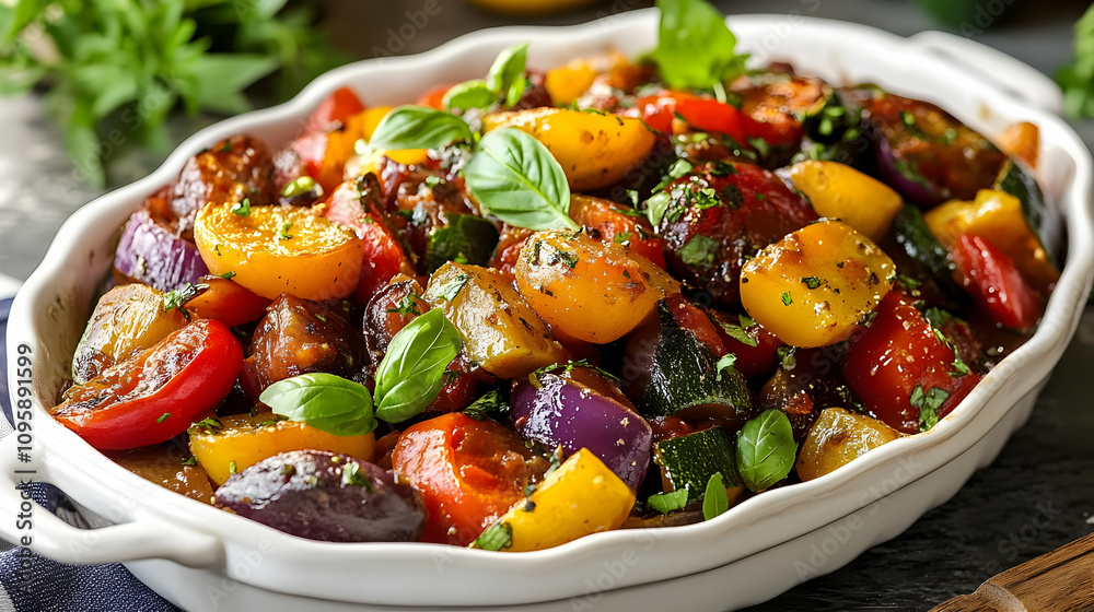 Colorful Roasted Vegetables in a White Dish - Food Photography Colorful Roasted Vegetables in a White Dish - Food Photography