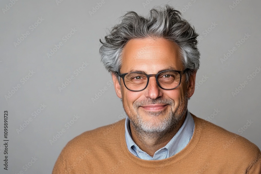 Obraz premium A senior man with grey hair and glasses smiling gently, isolated on a clean white background. He is dressed in a casual sweater and collared shirt, exuding a sense of wisdom and warmth, with