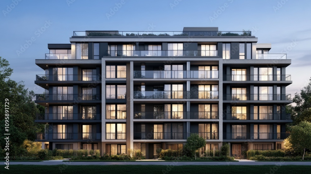 Modern Multi-Storey Apartment Building at Dusk Modern Multi-Storey Apartment Building at Dusk