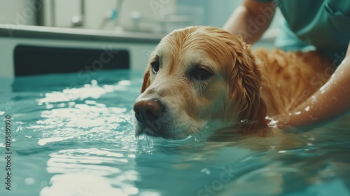 A vet technician using hydrotherapy to help a dog with arthritis move through water, encouraging muscle recovery.