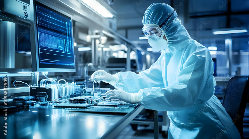 Cleanroom Worker Assembling Circuit Board - Realistic Image Cleanroom Worker Assembling Circuit Board - Realistic Image