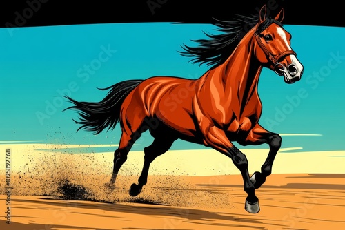 A vintage-style illustration of a horse galloping, drawn in muted colors with bold lines and a retro texture photo