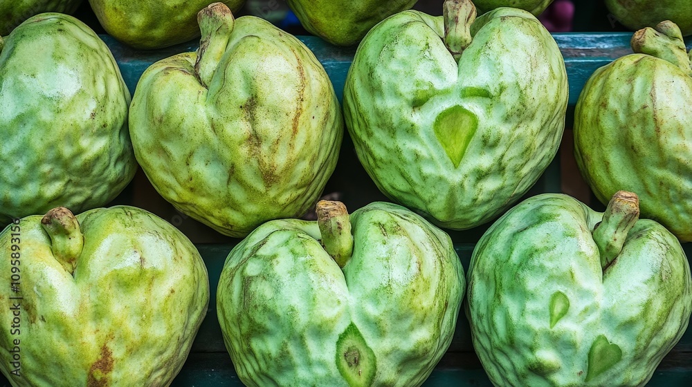 A vivid display of cherimoya fruits, their green, heart-shaped exterior slightly cracked to reveal the creamy, custard-like flesh. A vivid display of cherimoya fruits, their green, heart-shaped exterior slightly cracked to reveal the creamy, custard-like flesh.