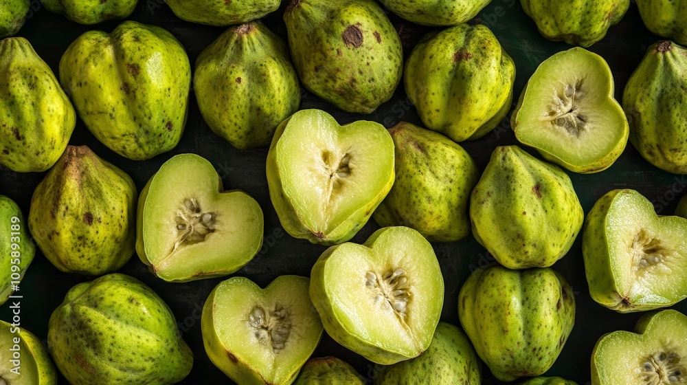A vivid display of cherimoya fruits, their green, heart-shaped exterior slightly cracked to reveal the creamy, custard-like flesh. A vivid display of cherimoya fruits, their green, heart-shaped exterior slightly cracked to reveal the creamy, custard-like flesh.