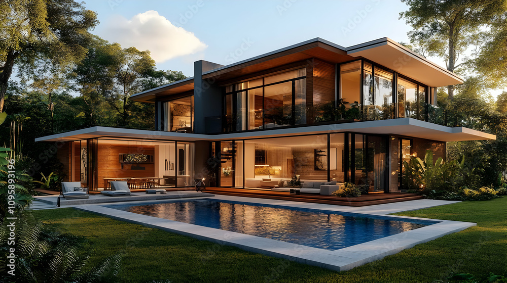 Modern House with Swimming Pool 3D Illustration Modern House with Swimming Pool 3D Illustration