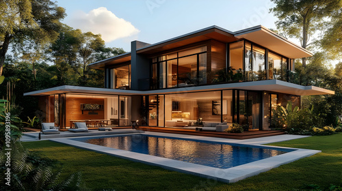 Modern House with Swimming Pool 3D Illustration