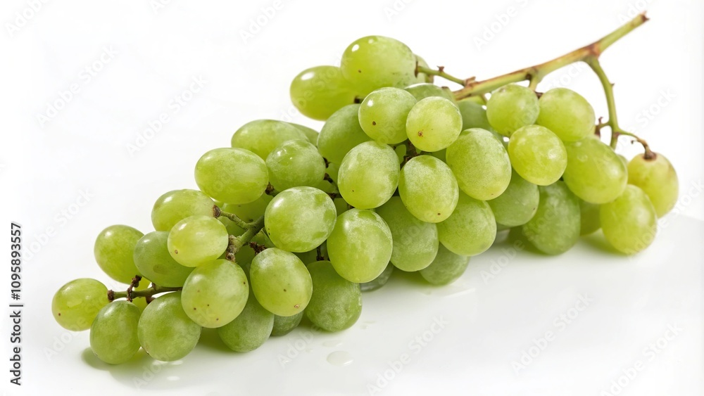 Fresh bunch of green grapes on a white background with subtle shadows and highlights, fruit, table setting, kitchen, white background Fresh bunch of green grapes on a white background with subtle shadows and highlights, fruit, table setting, kitchen, white background