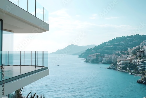 Stunning views from luxury apartment balcony overlooking peaceful bay, coastal city, and majestic mountain range photo